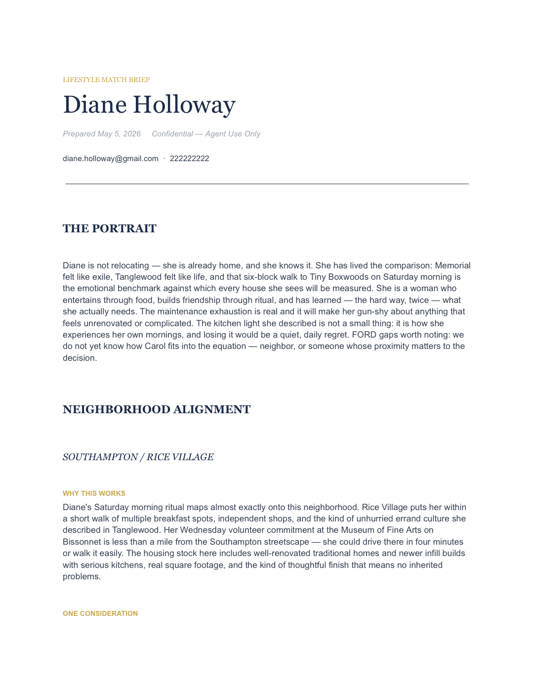 A sample Lifestyle Match buyer brief: the buyer portrait and neighborhood alignment an agent receives before the first meeting